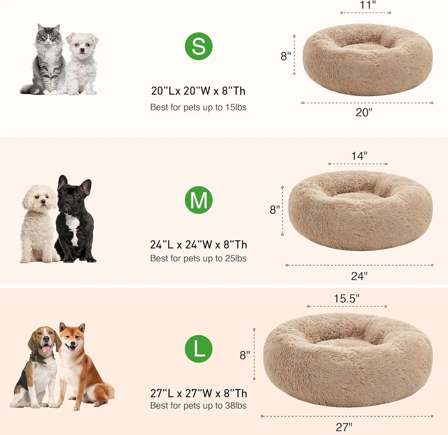 24In Cat Beds for Indoor Cats - Cat Bed with Machine Washable, Waterproof Bottom - Taupe Fluffy Dog and Cat Calming Cushion Bed for Joint-Relief and Sleep Improvement