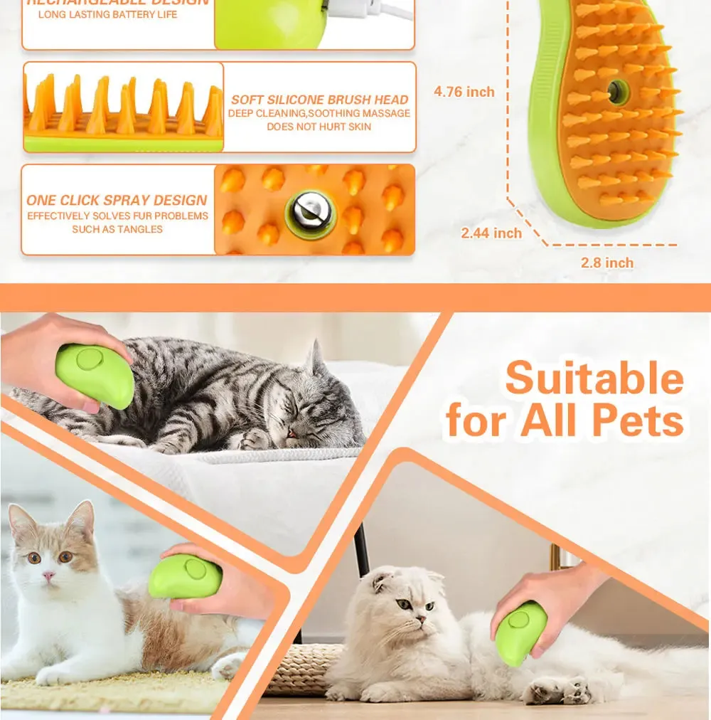 3-in-1 Electric Steamy Brush for Cats & Dogs – Steam Brush, Sprayer, and Massaging Pet Grooming Tool for Shedding