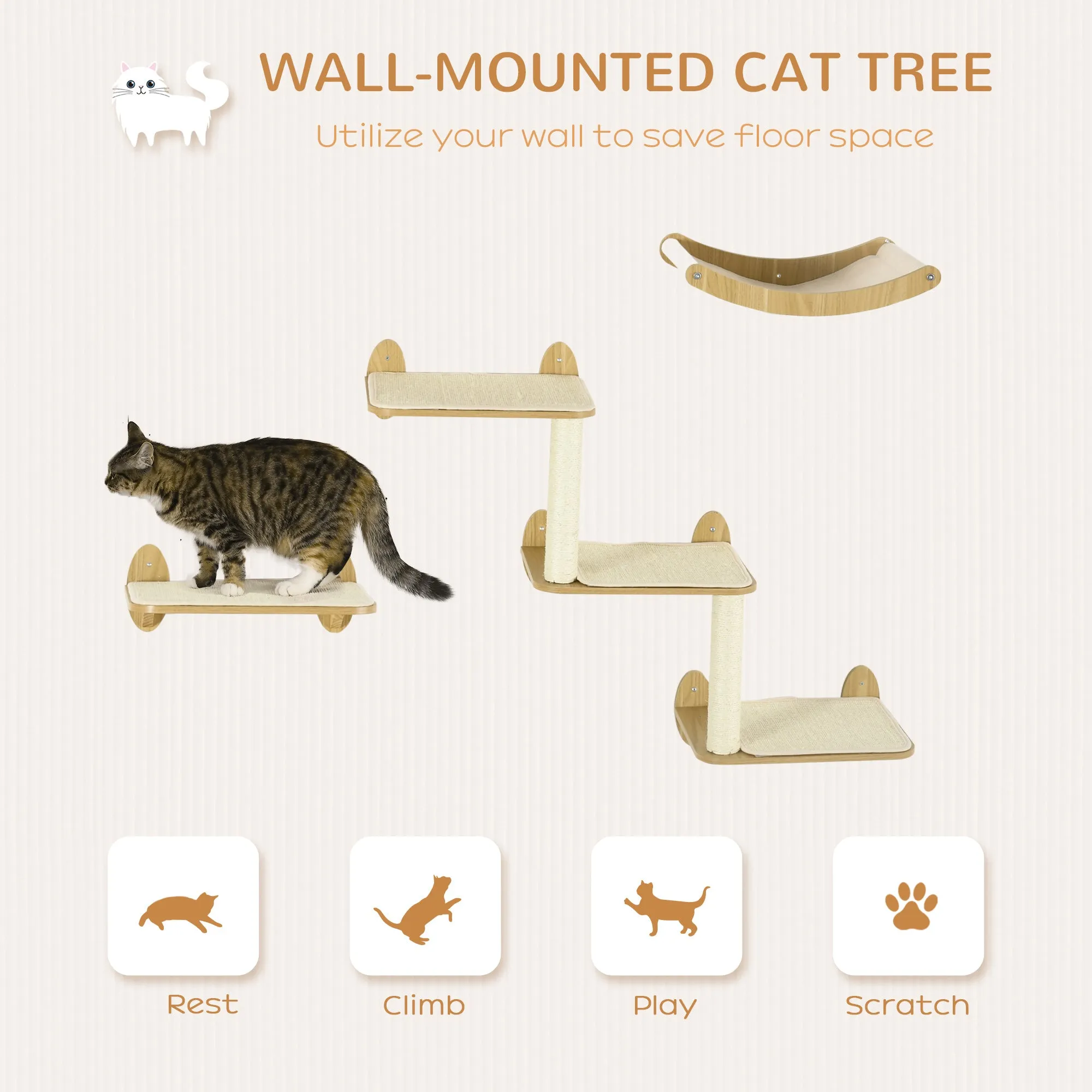 3PCs Wall Mounted Cat Tree Cats Shelves, Climbing Shelf Set, Kitten Activity Center with Jumping Platforms Hammock Scratching Post, Oak