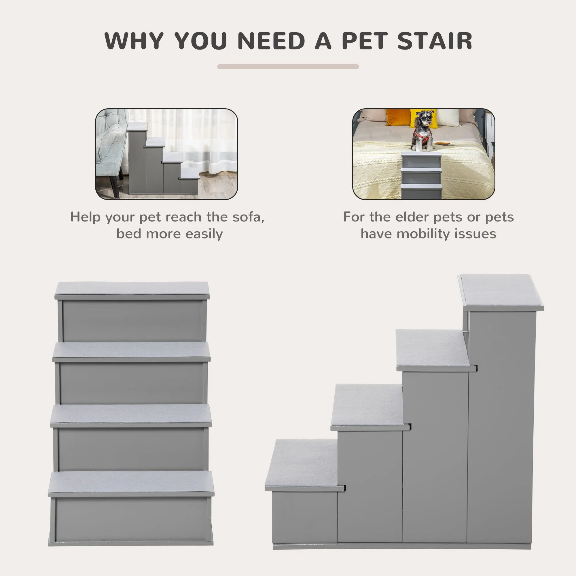 4 Step Wooden Dog Steps Pet Stairs for Dogs, Cat Ladder for Bed Couch with Non-Slip Carpet 40 x 59 x 54.2 cm, Grey