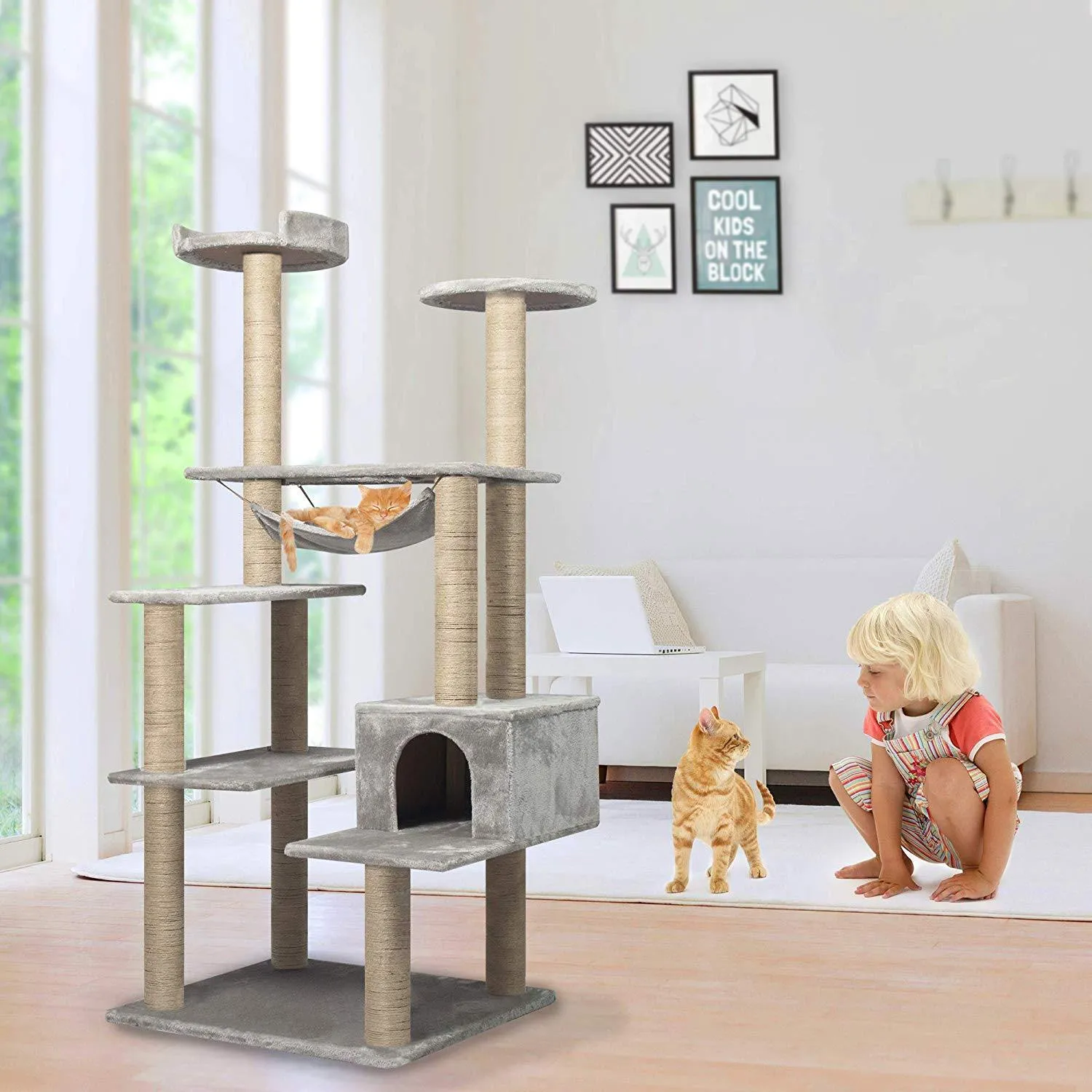 55.1" Multi-Scratcher Scratching Post Cat Tree – Grey