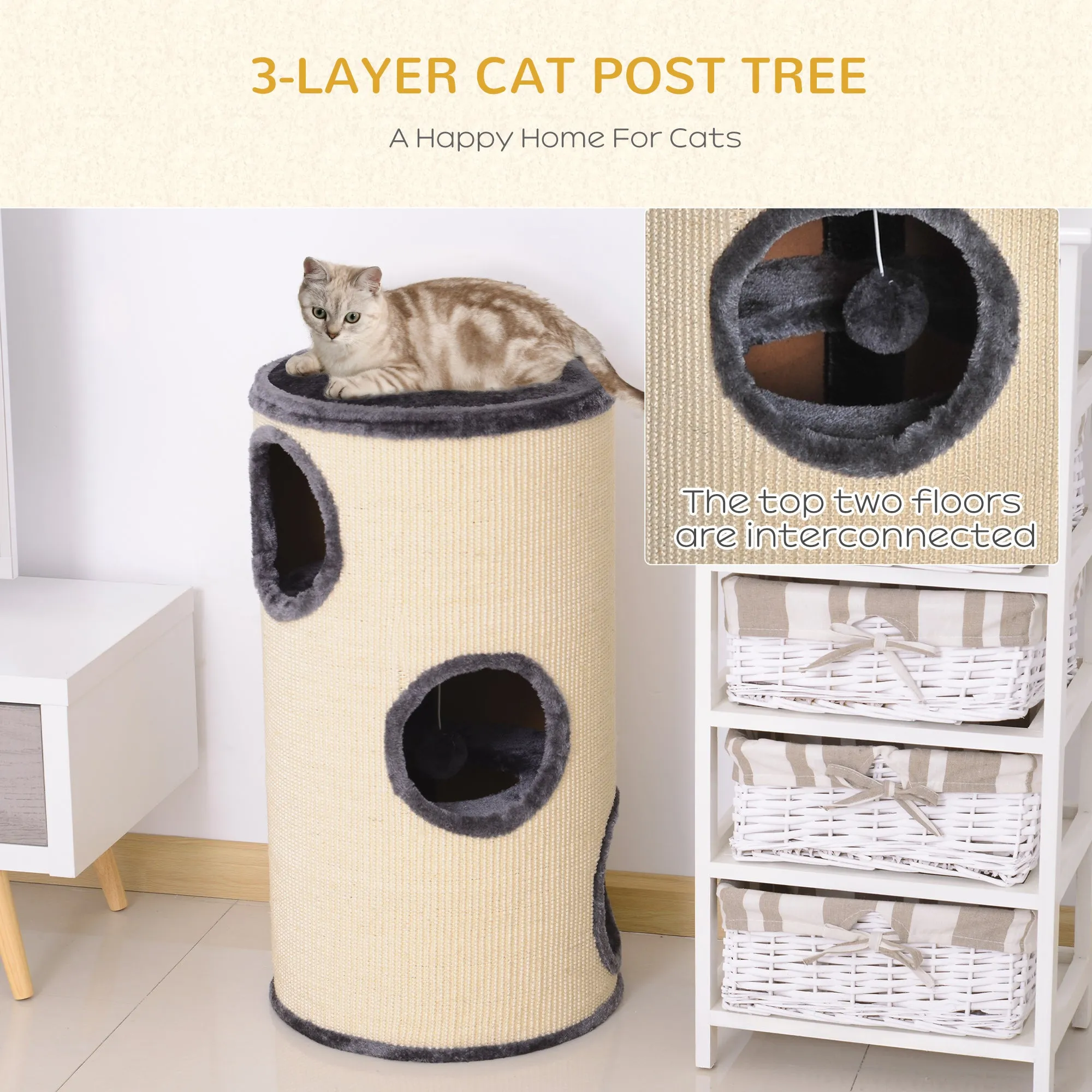 70cm Height Cat Post Tree Scratching Barrel Sisal Activity Center Condo Kitten Bed Scratcher Climbing Climber Play House for Indoor Cats