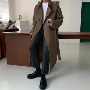 Autumn Winter Overcoat Men's Mid Length Coat Korean Fashion Loose Knee Over British Trench With Cotton Windbreakers 9C1874