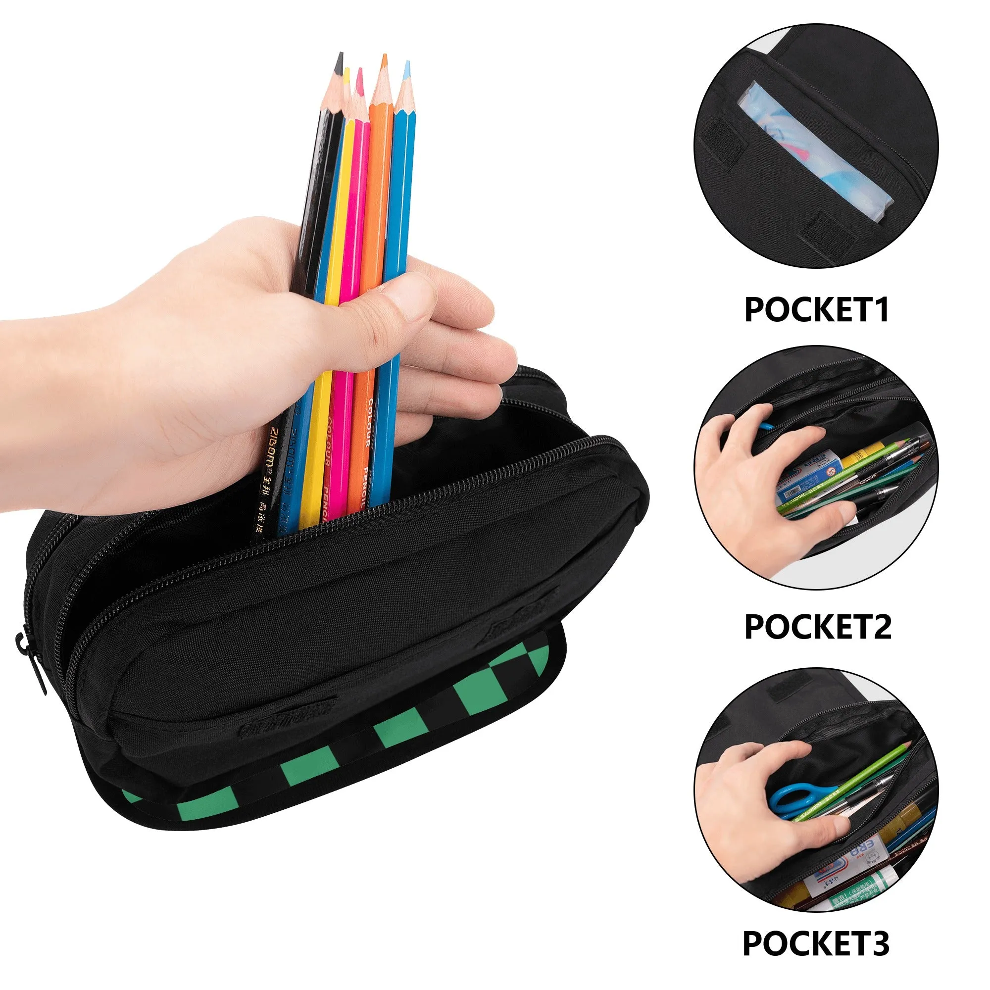 Back to School supplies-Double Layer Pencil Cases for Tweens & Teens. Cool Anime inspired Green & Black Checks