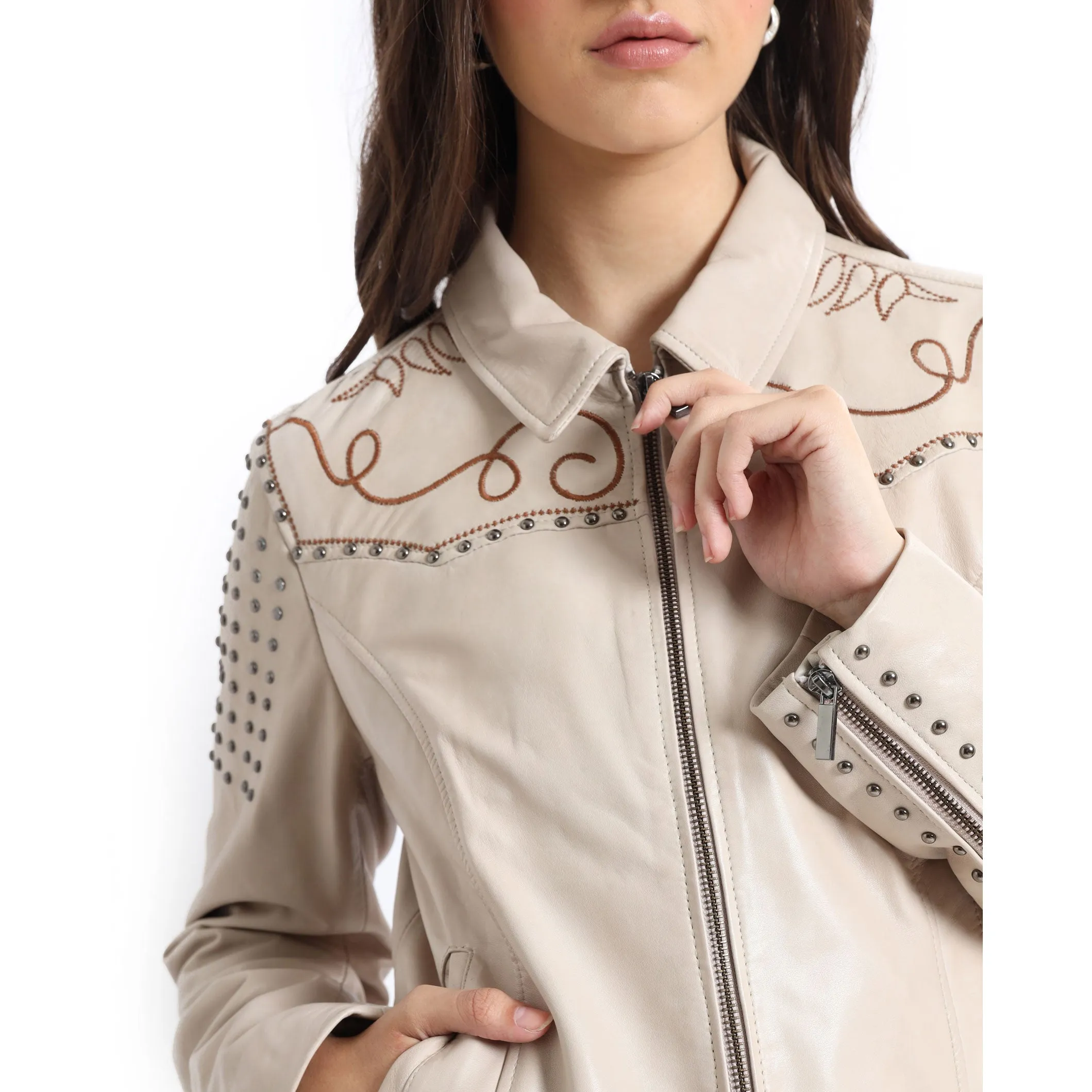 Beige Embroidered Studded  LEATHER Jacket