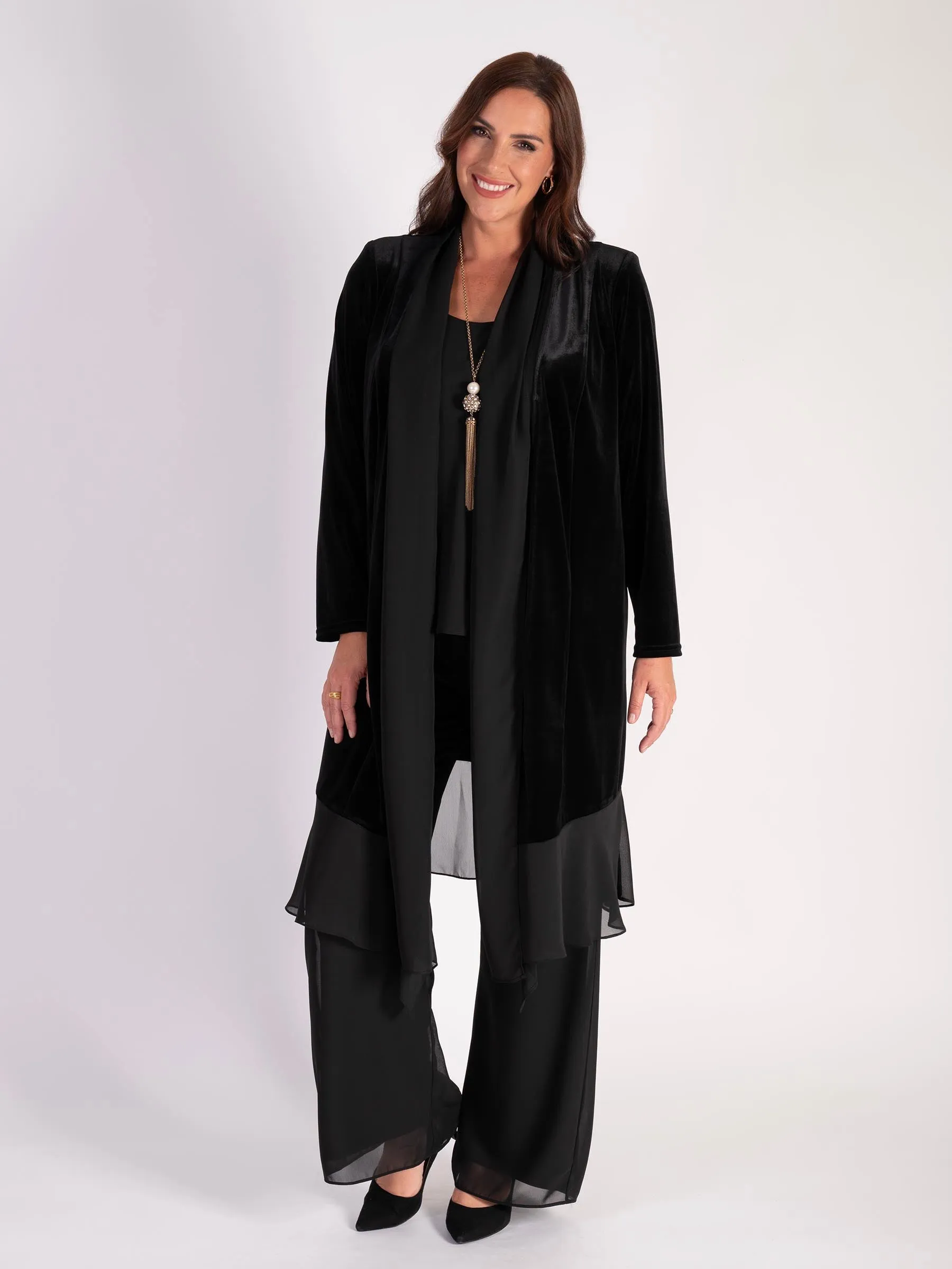 Black Stretch Velvet Long Coat with Chiffon Contrast Trim