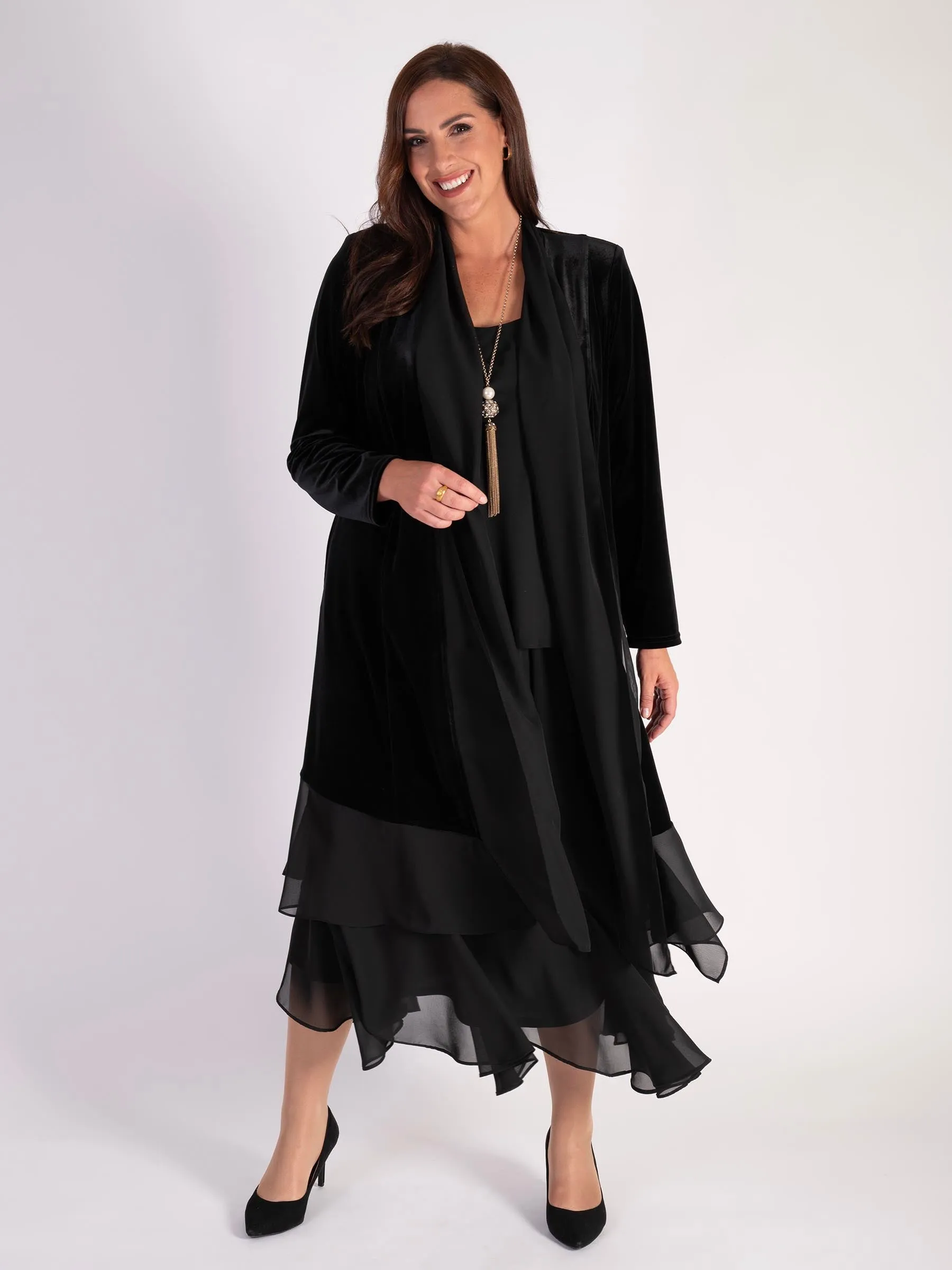 Black Stretch Velvet Long Coat with Chiffon Contrast Trim