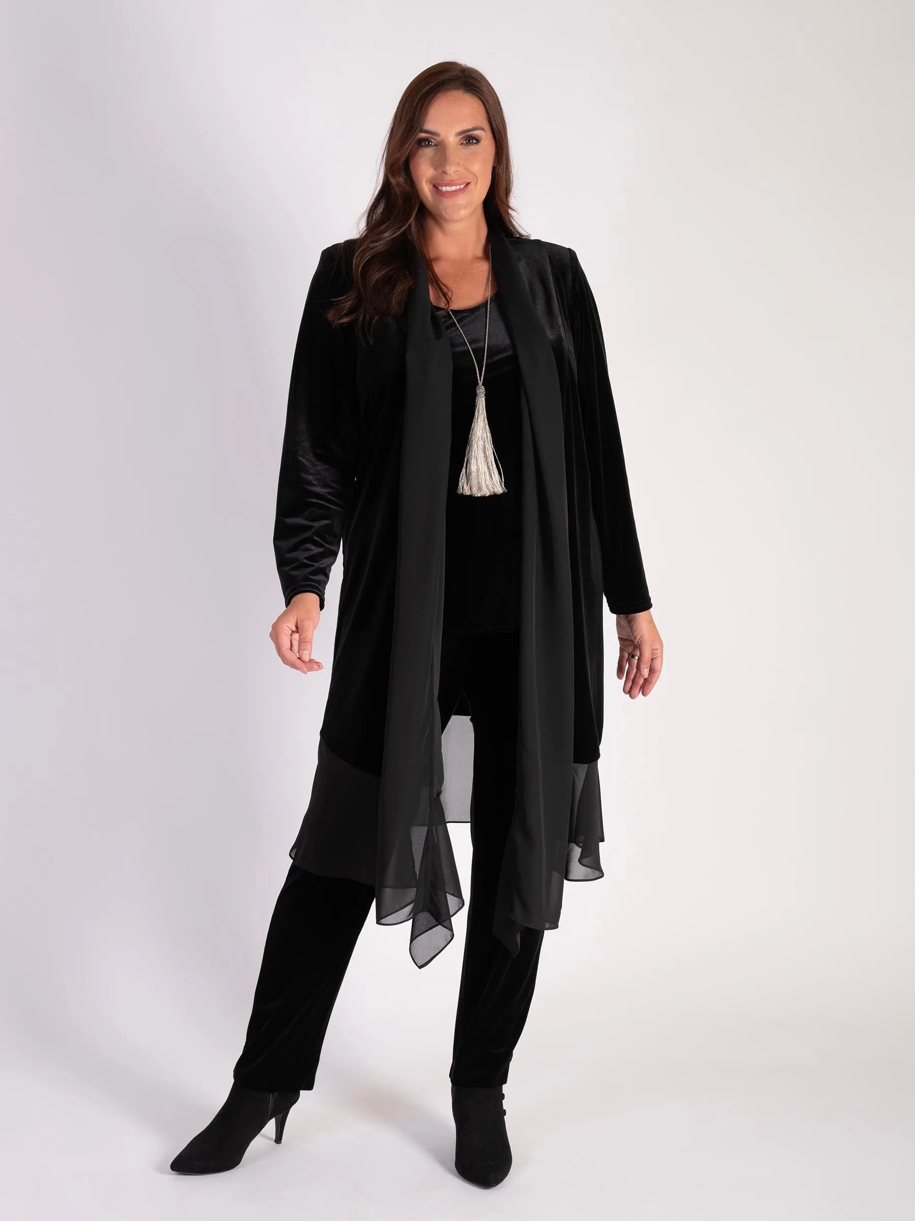 Black Stretch Velvet Long Coat with Chiffon Contrast Trim