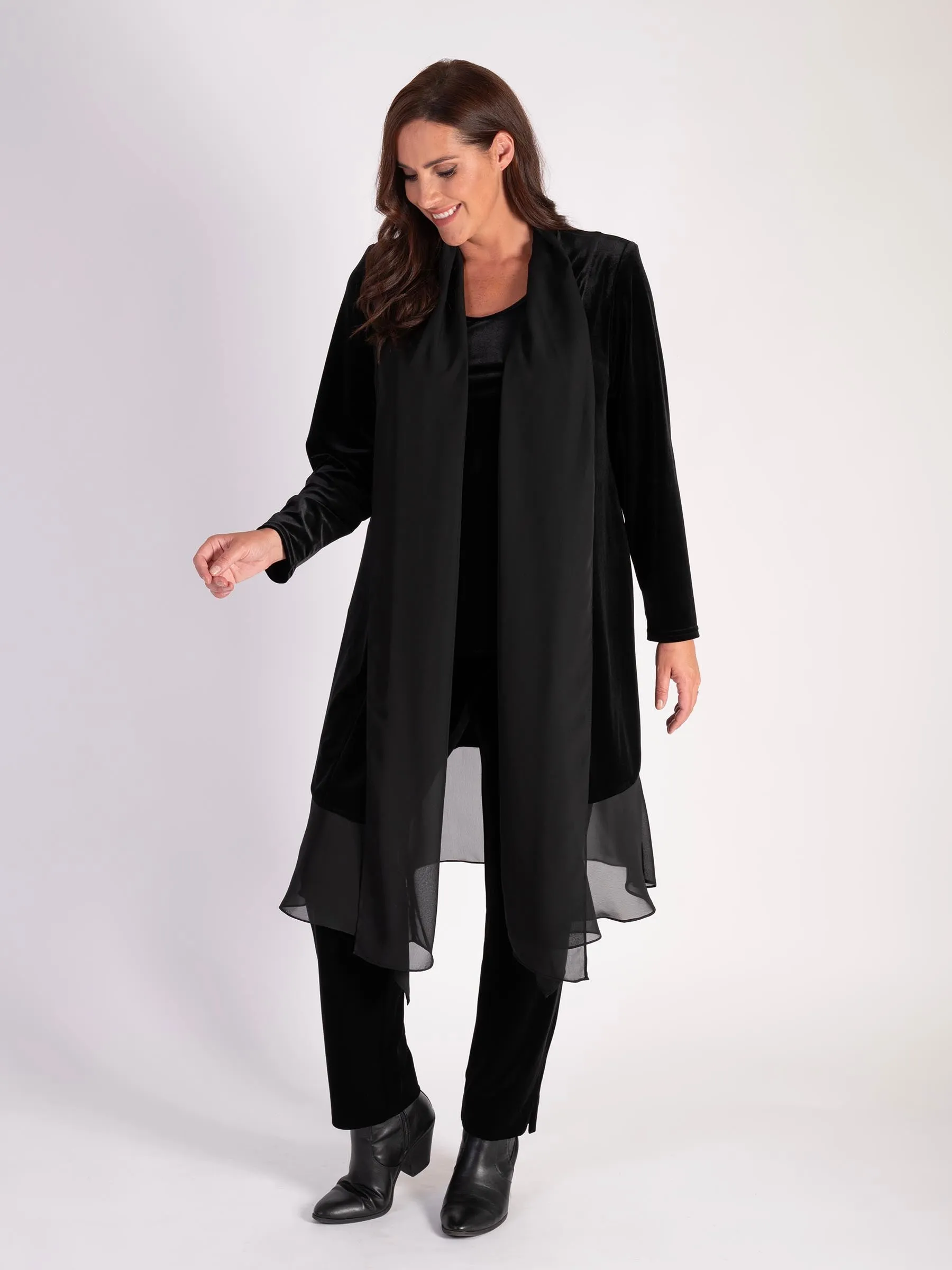 Black Stretch Velvet Long Coat with Chiffon Contrast Trim