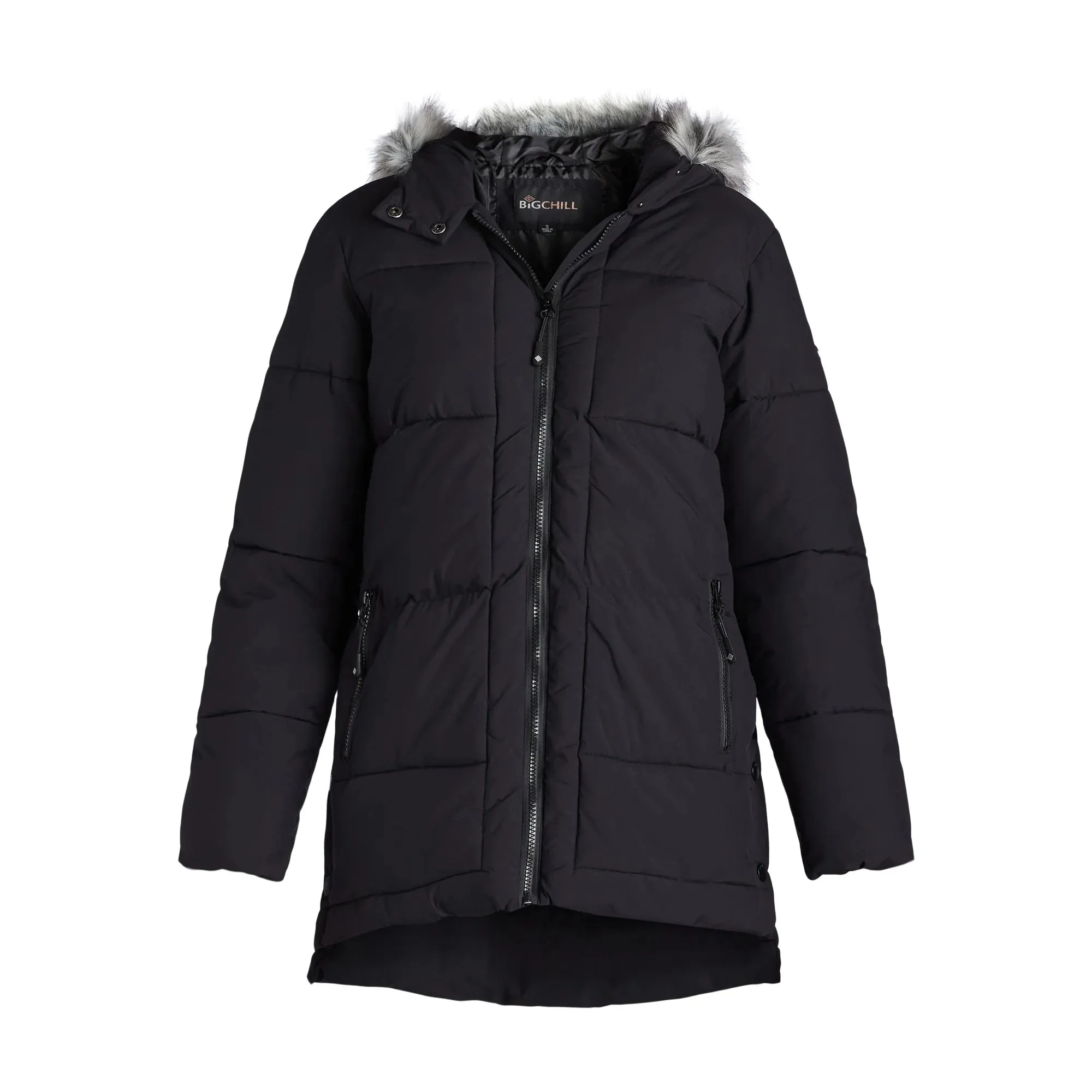 Black Wide Quilted Puffer Coat with Faux Fur Trim Hood Grey