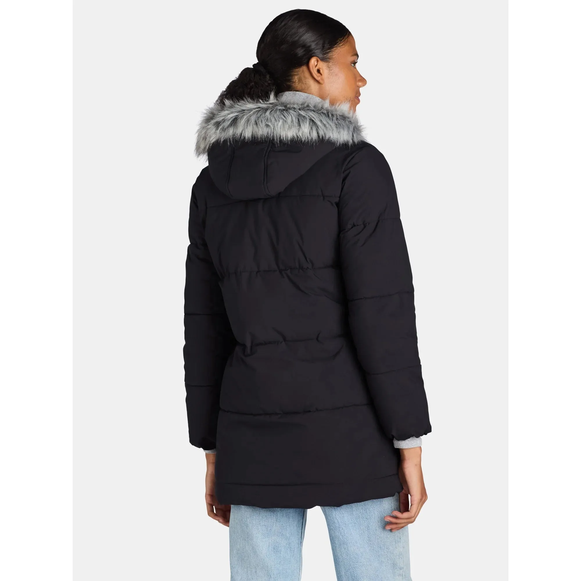 Black Wide Quilted Puffer Coat with Faux Fur Trim Hood Grey