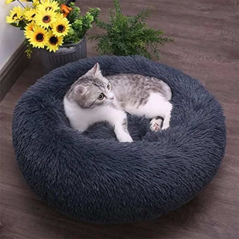 Dog Bed Soft Cat Bed 50Cm Plush Cat Calming Bed Fluffy Pet Nest for Small Medium Large Pet,Winter Warm Faux Fur Kennel Puppy Sofa,Anti-Slip Bottom - Machine Washable (50Cm Suit 5Kg, Dark Grey)