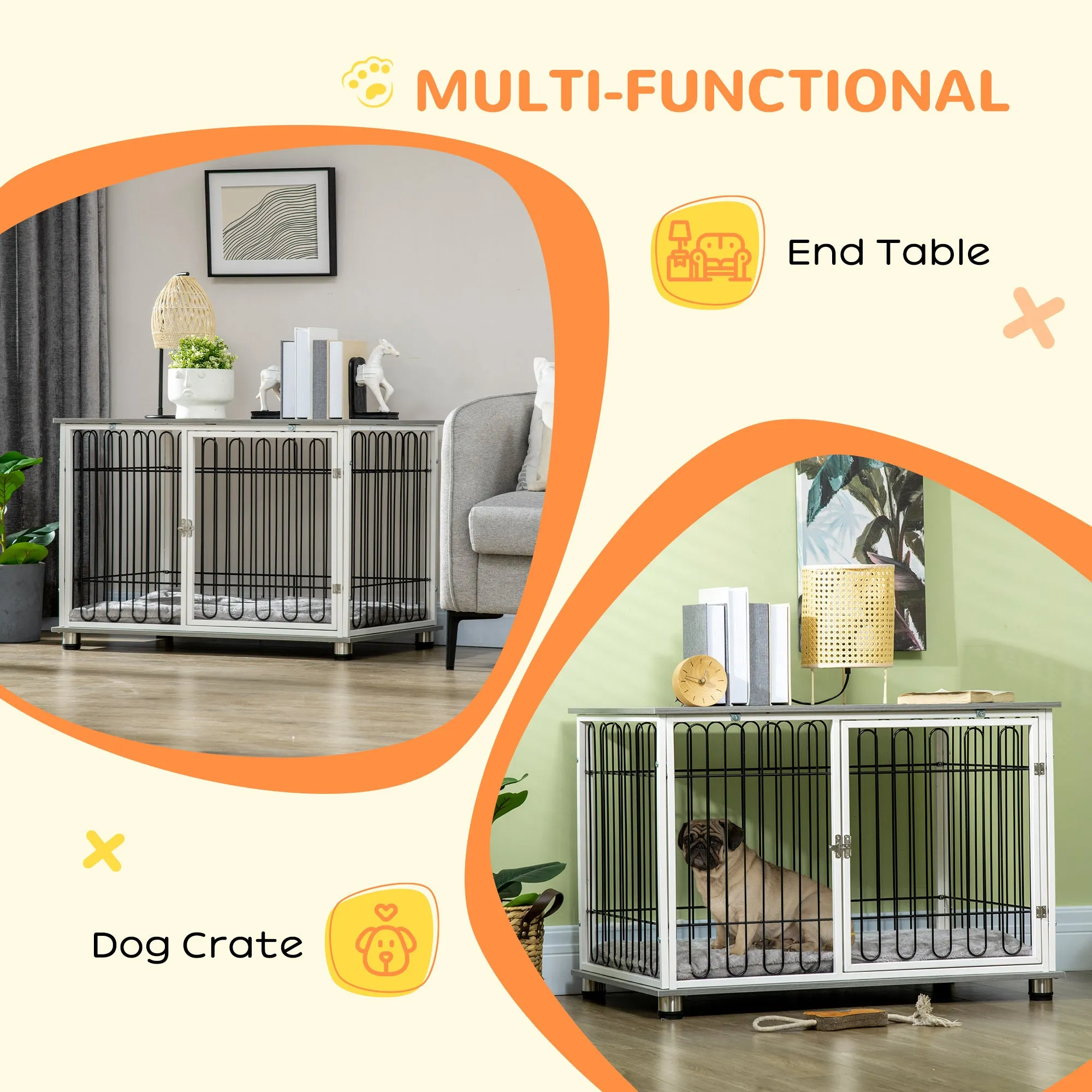 Dog Crate Furniture, Indoor Dog Kennel Side End Table w/ Soft Washable Cushion, Lockable Door, for Small and Medium Dogs