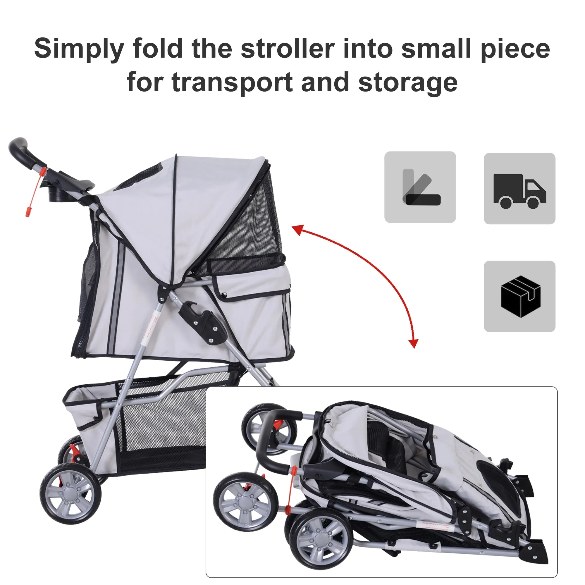 Dog Pram Pet Stroller Dog Pushchair Foldable Travel Carriage with Wheels Zipper Entry Cup Holder Storage Basket Grey