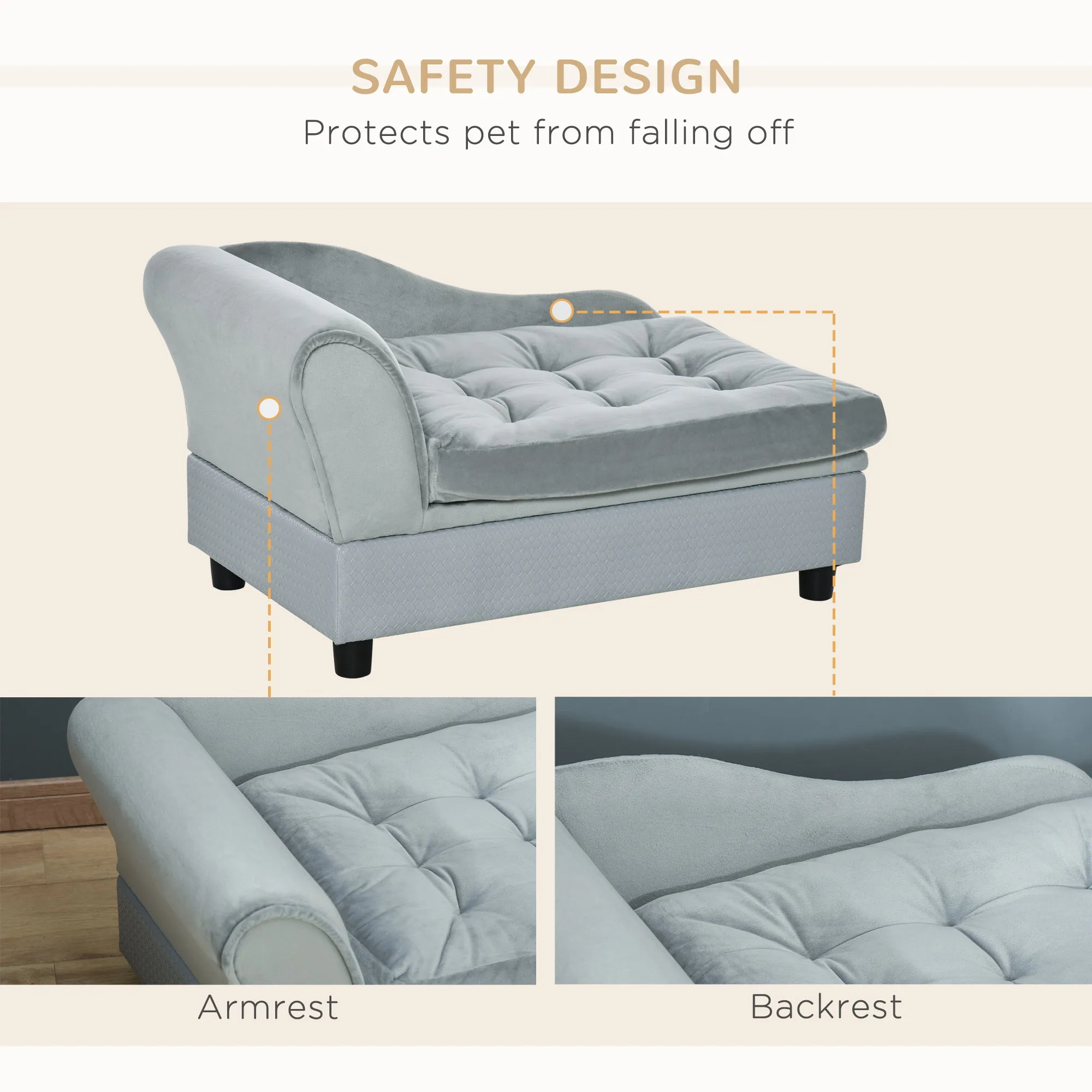 Dog Sofa with Storage, Pet Chair for Small Dogs, Cat Couch with Soft Cushion, Grey, 76 x 45 x 41.5 cm