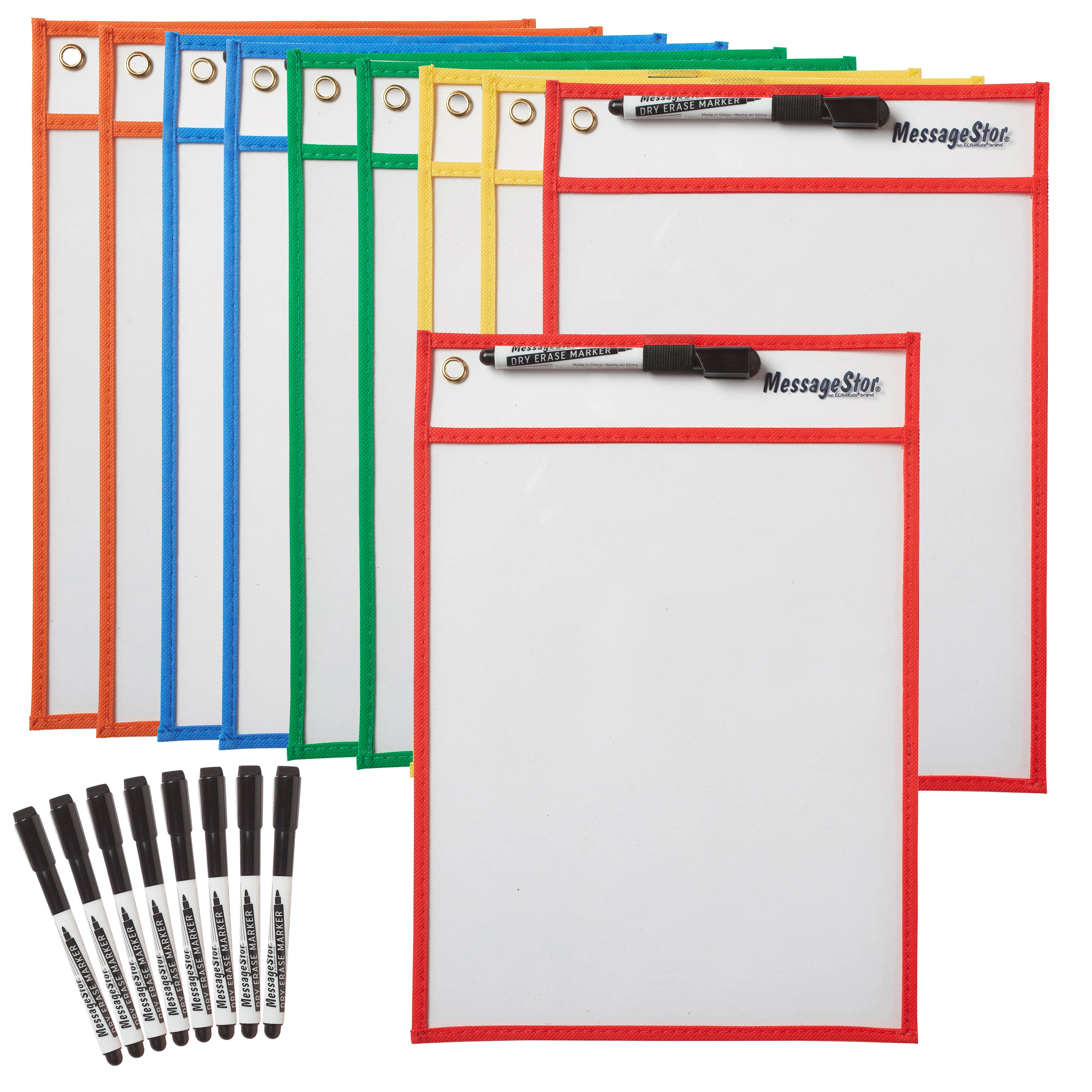 Dry-Erase Pockets with Markers, Reusable Sleeves, 10-Piece