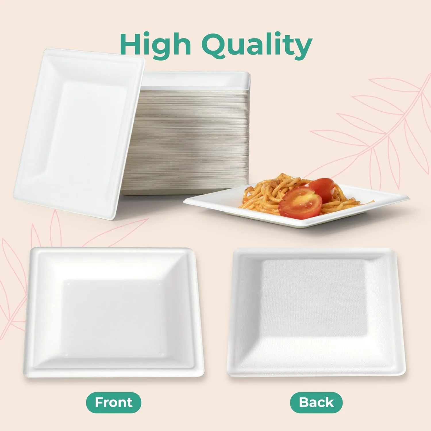 Eco-Friendly Sugarcane Plates for Party, Compostable Heavy-Duty Disposable Biodegradable Square Plates