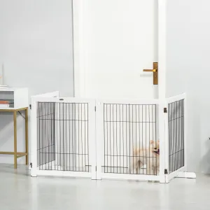 Freestanding Pet Gate 4 Panel Wooden Dog Barrier Foldable Safety Fence with Support Feet 264cm Long 77cm Tall for Doorway Stairs White