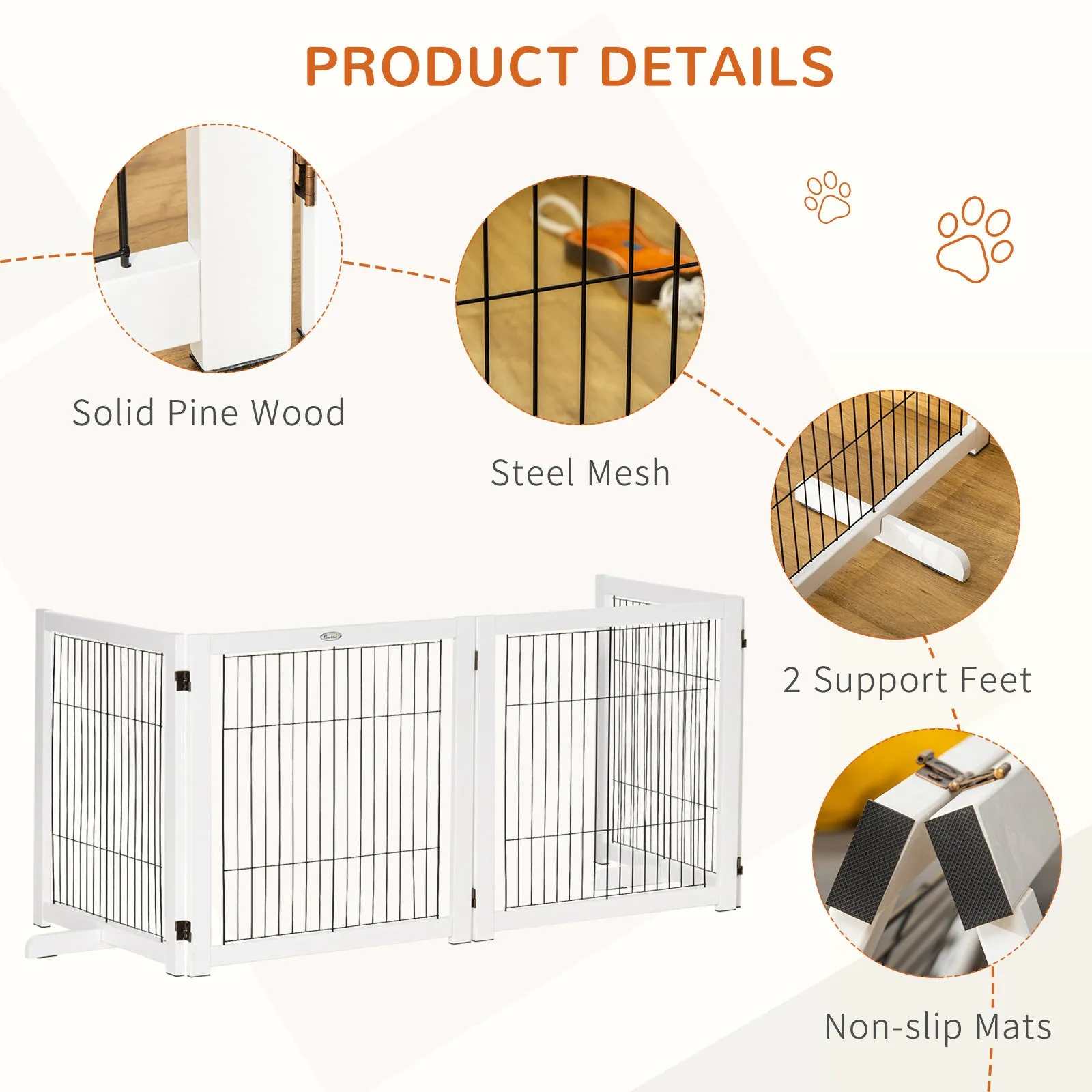 Freestanding Pet Gate 4 Panel Wooden Dog Barrier Foldable Safety Fence with Support Feet 264cm Long 77cm Tall for Doorway Stairs White