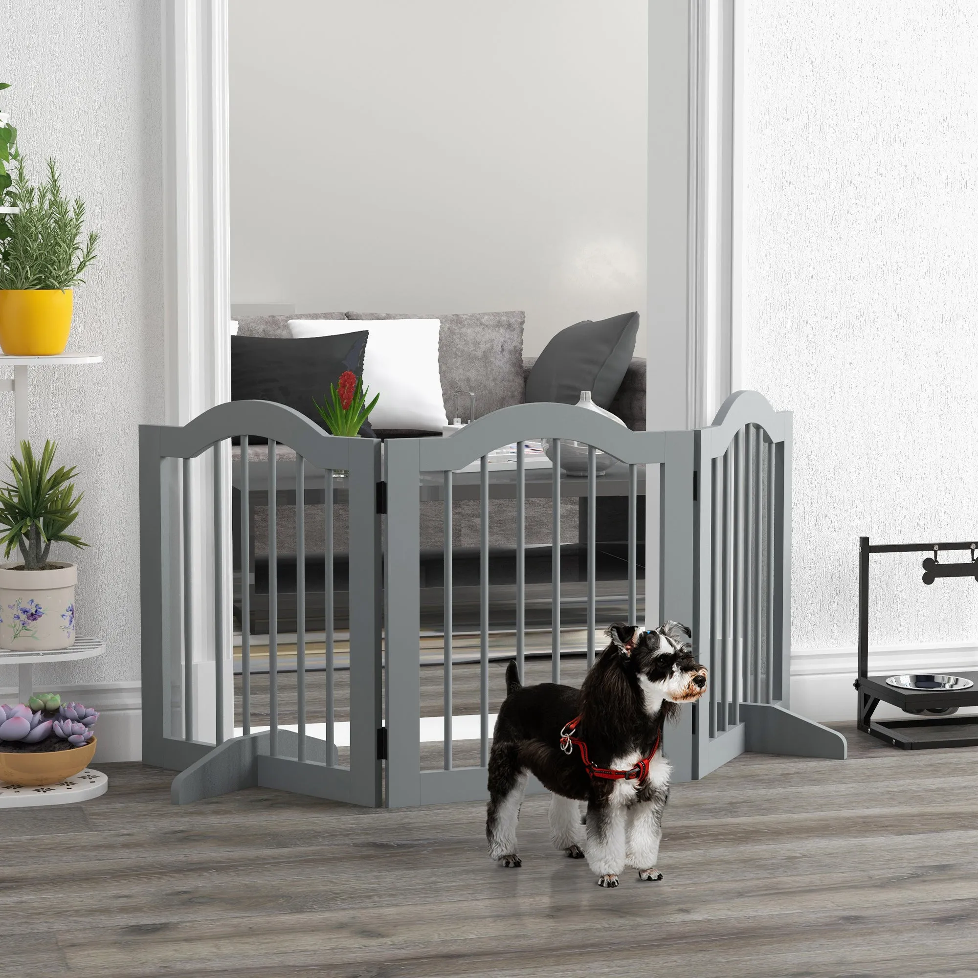 Freestanding Pet Gate Barrier 3 Pannel w/ Support Feet Light Grey