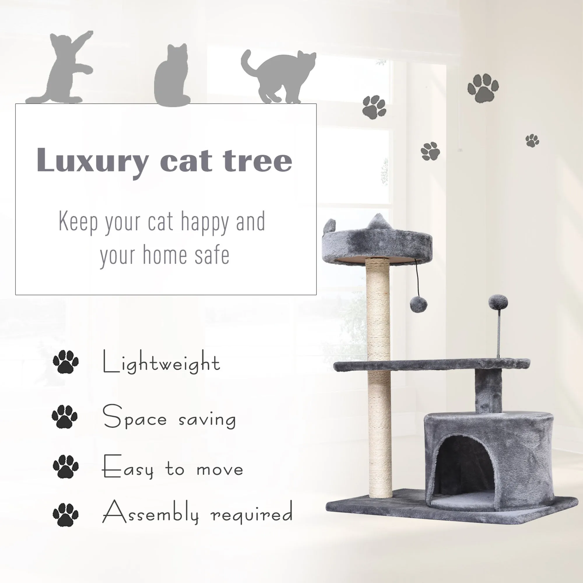 Mult Level Cat Tree for Indoor Cats with Scratching Post Bed Condo Perch, Kitten Climbing Tower, Grey 60L x 40W x 81H cm