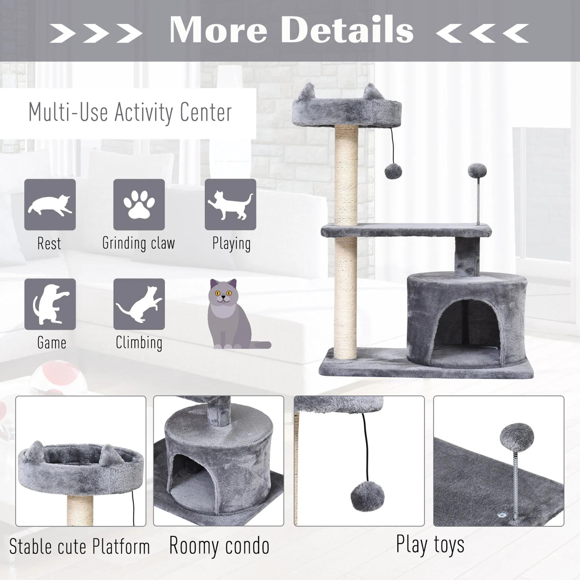 Mult Level Cat Tree for Indoor Cats with Scratching Post Bed Condo Perch, Kitten Climbing Tower, Grey 60L x 40W x 81H cm