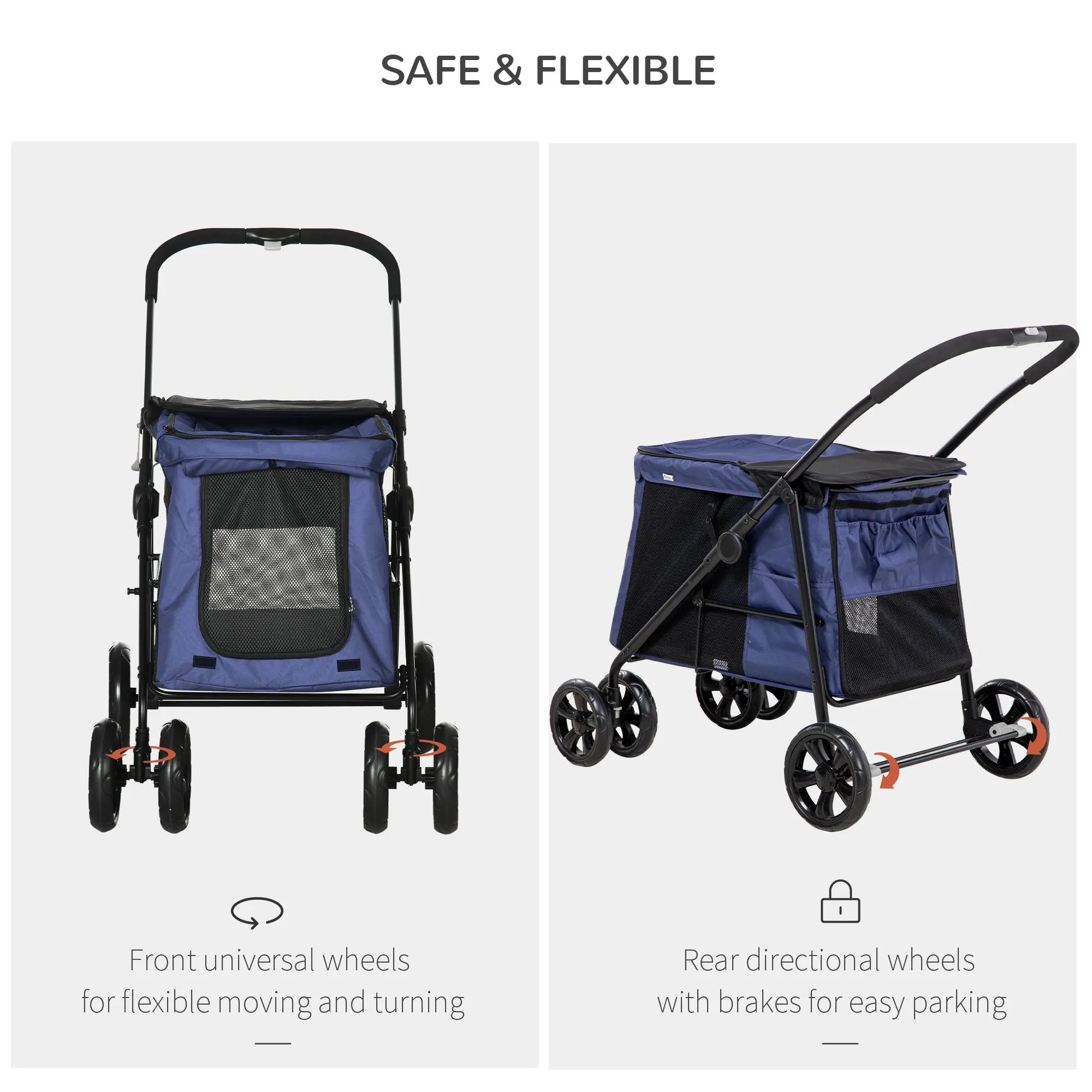 One-Click Foldable Pet Stroller, Dog Cat Travel Pushchair w/ EVA Wheels, Storage Bags, Mesh Windows, Doors, Safety Leash, Cushion, for Small Pets - Blue