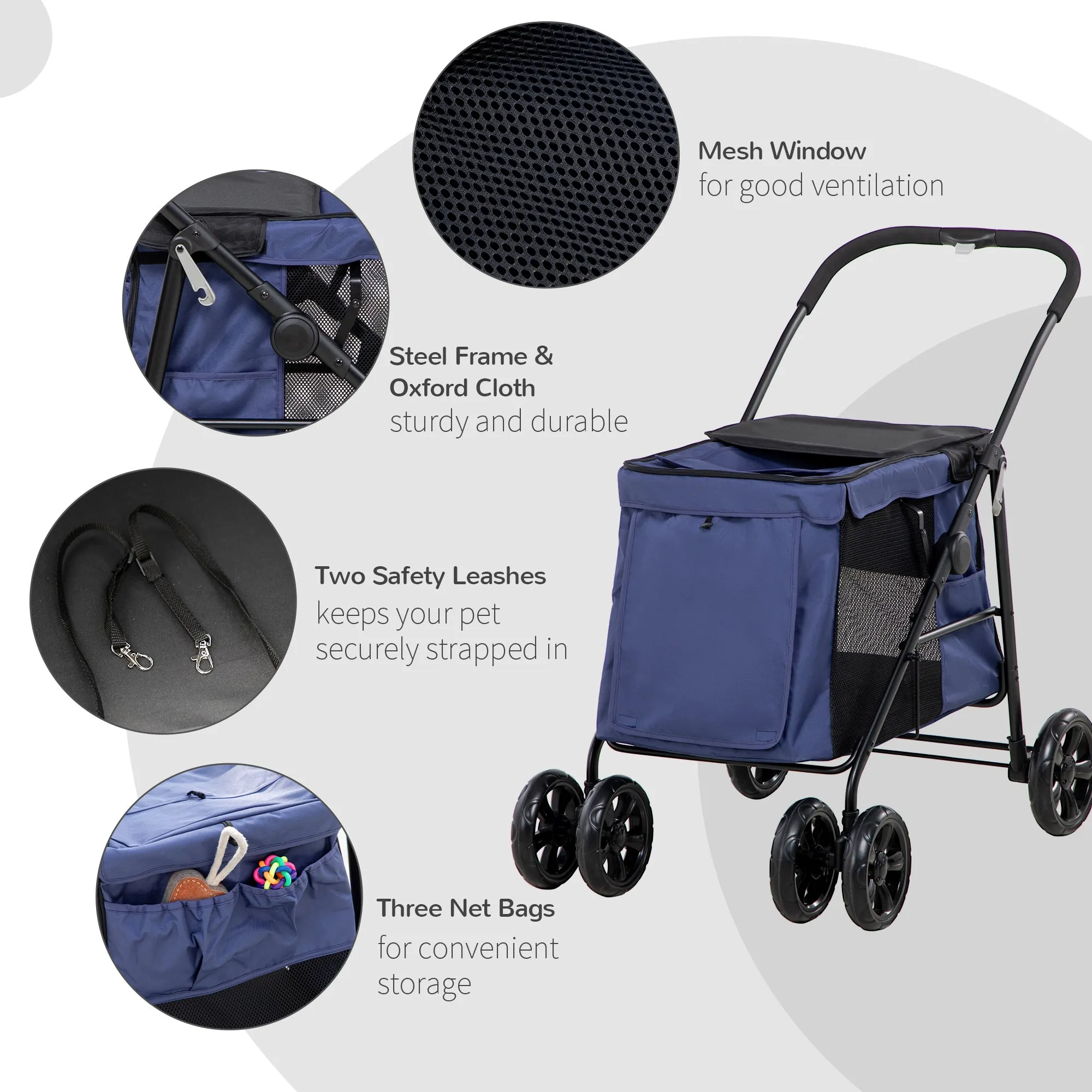 One-Click Foldable Pet Stroller, Dog Cat Travel Pushchair w/ EVA Wheels, Storage Bags, Mesh Windows, Doors, Safety Leash, Cushion, for Small Pets - Blue