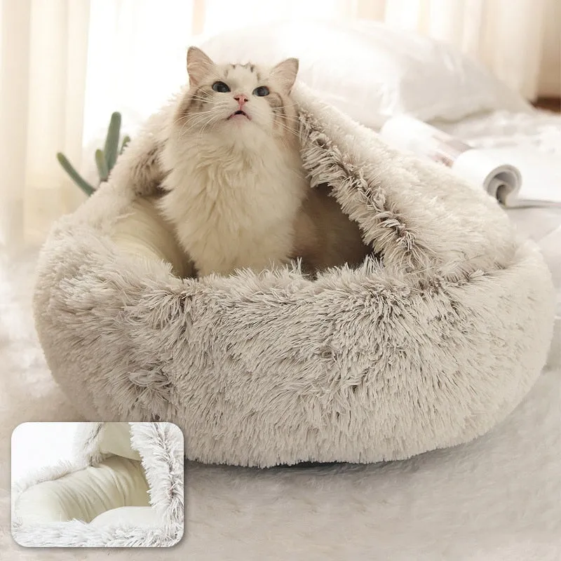 Pet Dog Cat Bed Round Plush Cat Warm Bed House Soft Long Plush Bed