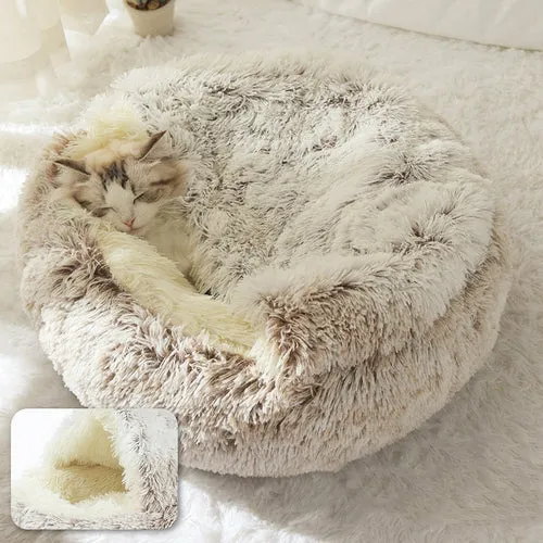 Pet Dog Cat Bed Round Plush Cat Warm Bed House Soft Long Plush Bed