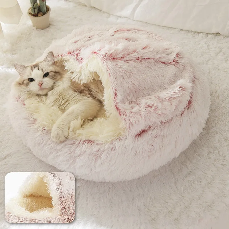 Pet Dog Cat Bed Round Plush Cat Warm Bed House Soft Long Plush Bed