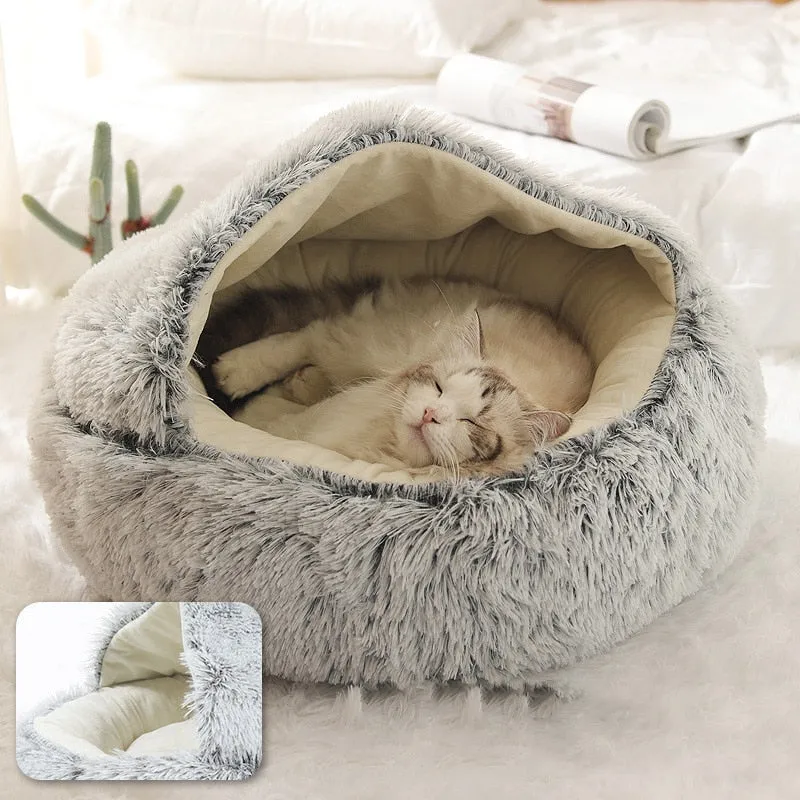 Pet Dog Cat Bed Round Plush Cat Warm Bed House Soft Long Plush Bed