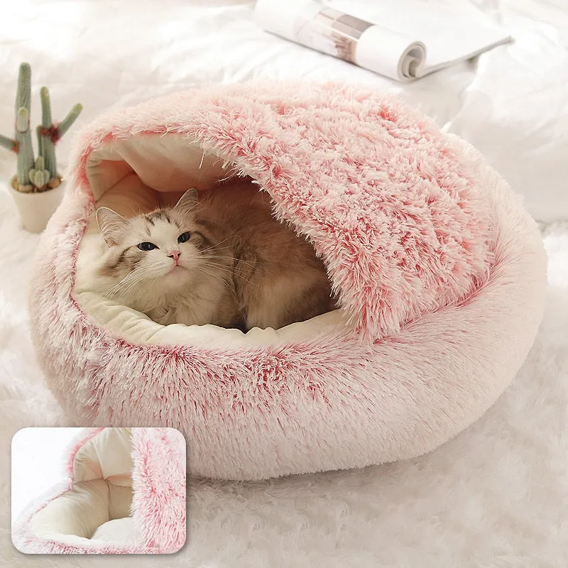 Pet Dog Cat Bed Round Plush Cat Warm Bed House Soft Long Plush Bed