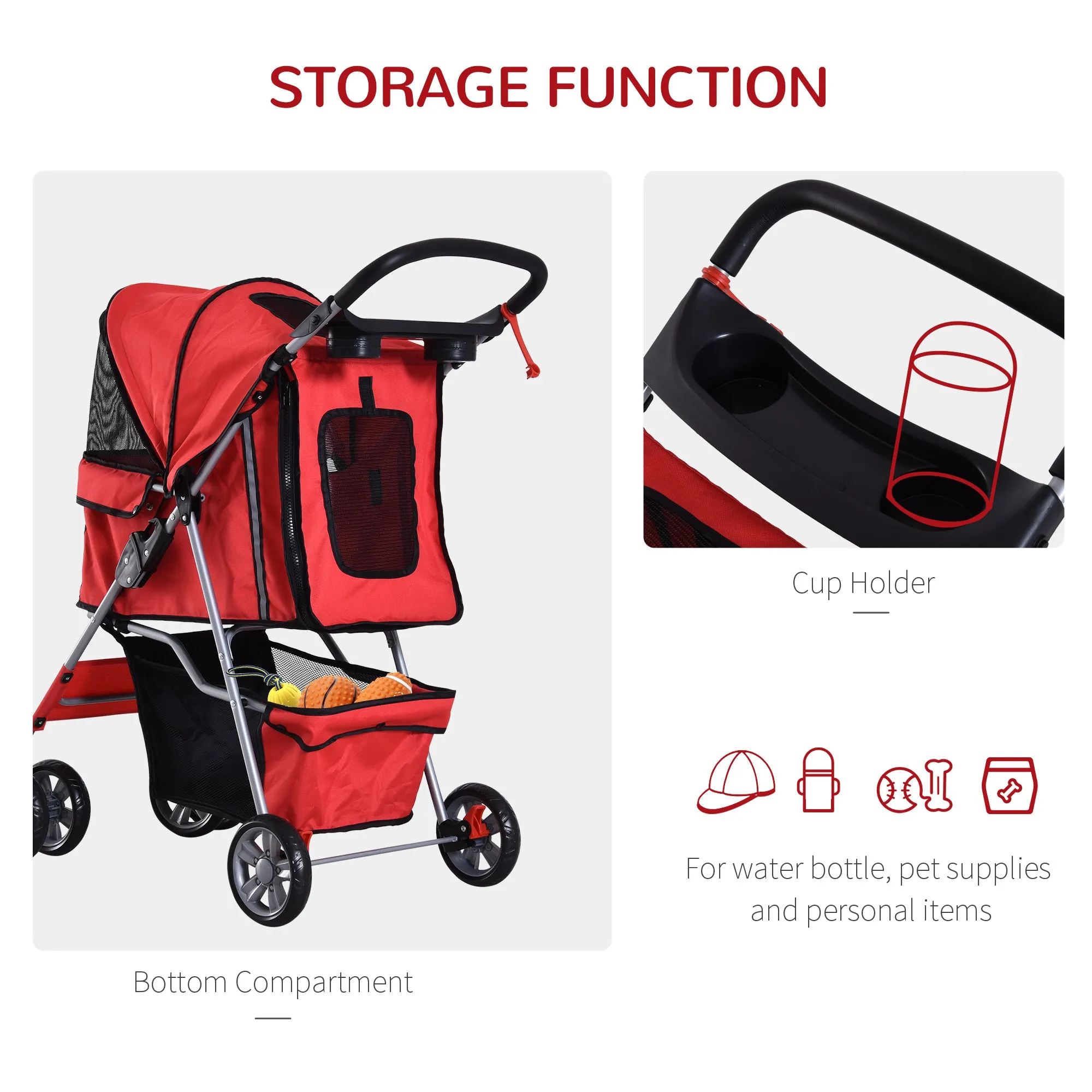 Pet Stroller Dog Pram Foldable Dog Pushchair Cat Travel Carriage w/ Wheels, Zipper Entry, for Small Pets, Red