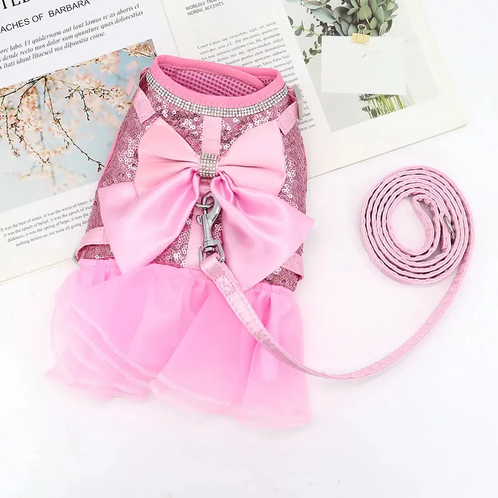 Pink Cat Dress Small Dogs Cats Summer Dresses With Cute Bowknot Bling Rhinestone Accessories Nylon Pet Vest Harness and Leash