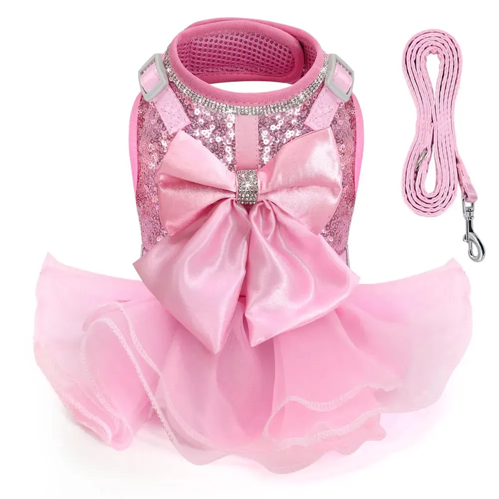 Pink Cat Dress Small Dogs Cats Summer Dresses With Cute Bowknot Bling Rhinestone Accessories Nylon Pet Vest Harness and Leash