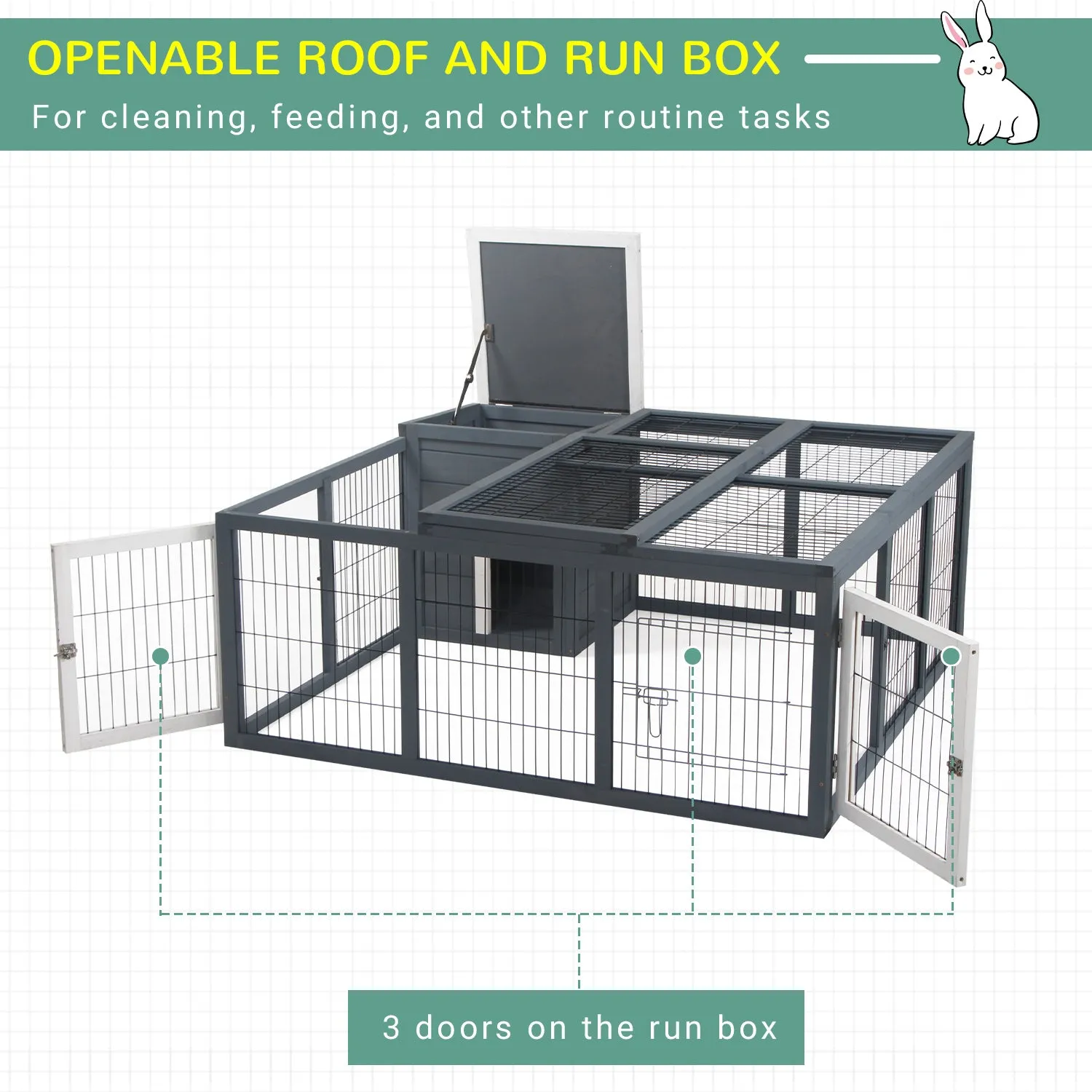 Rabbit Hutch Guinea Pig Run House Small Animal Bunny Cage Duck House Hideaway Chinchilla Cage Outdoor Indoor with Openable Roof Grey 123x120x52cm