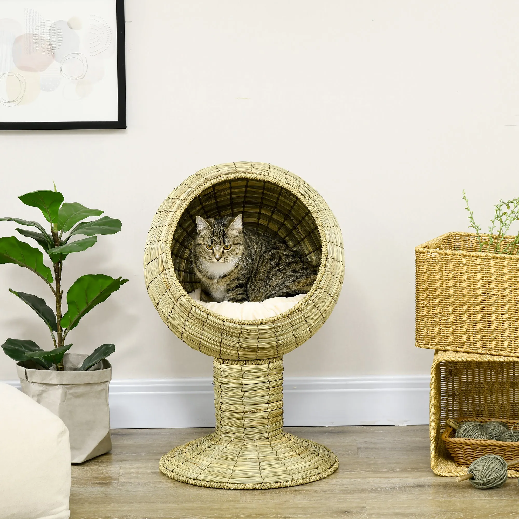 Raised Cat House, Natural Mat Grass Cat Bed, Kitten Cave with Cushion, Detachable Top, Yellow, √¢¬â¬à√É¬≠√Ç¬¨√¢¬à¬Ç41x 69 cm