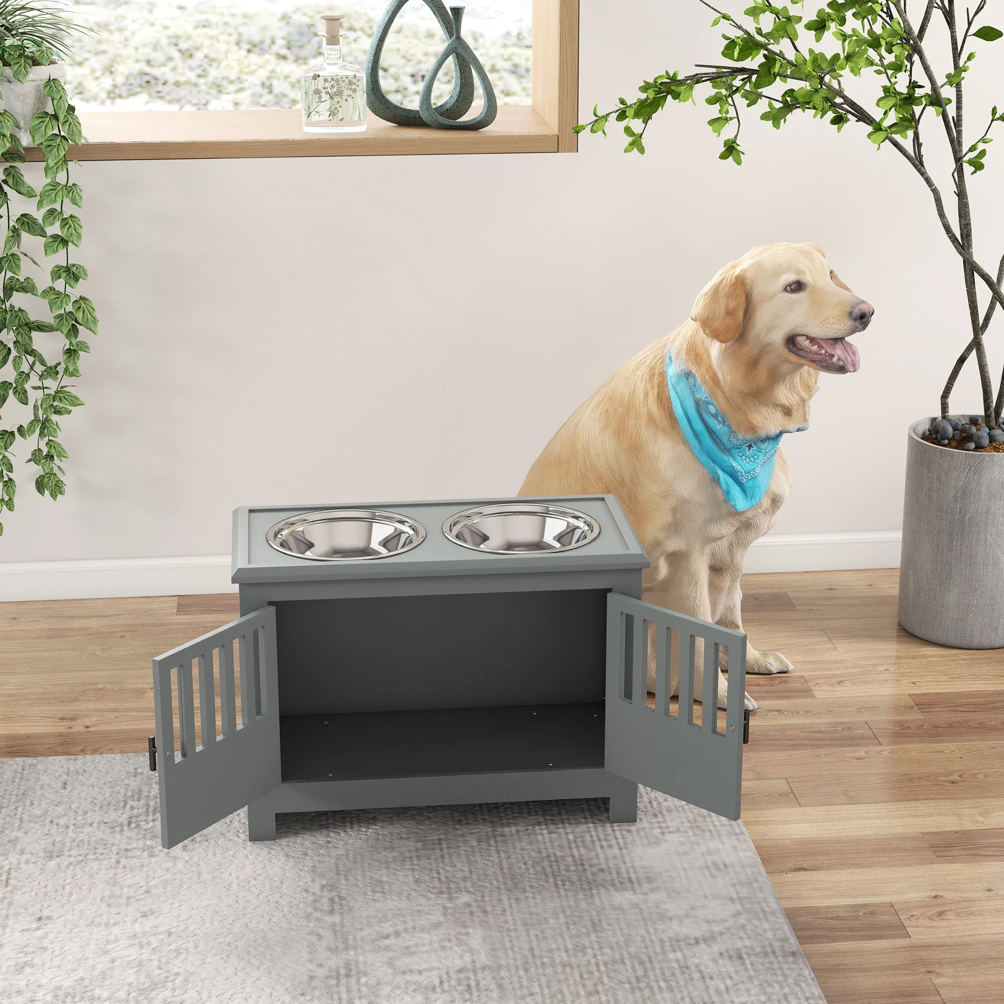 Raised Dog Bowls for Large Dogs, Pet Feeding Station, Doors with Latch, Storage Cabinet, Two Stainless Steel Bowls, Grey