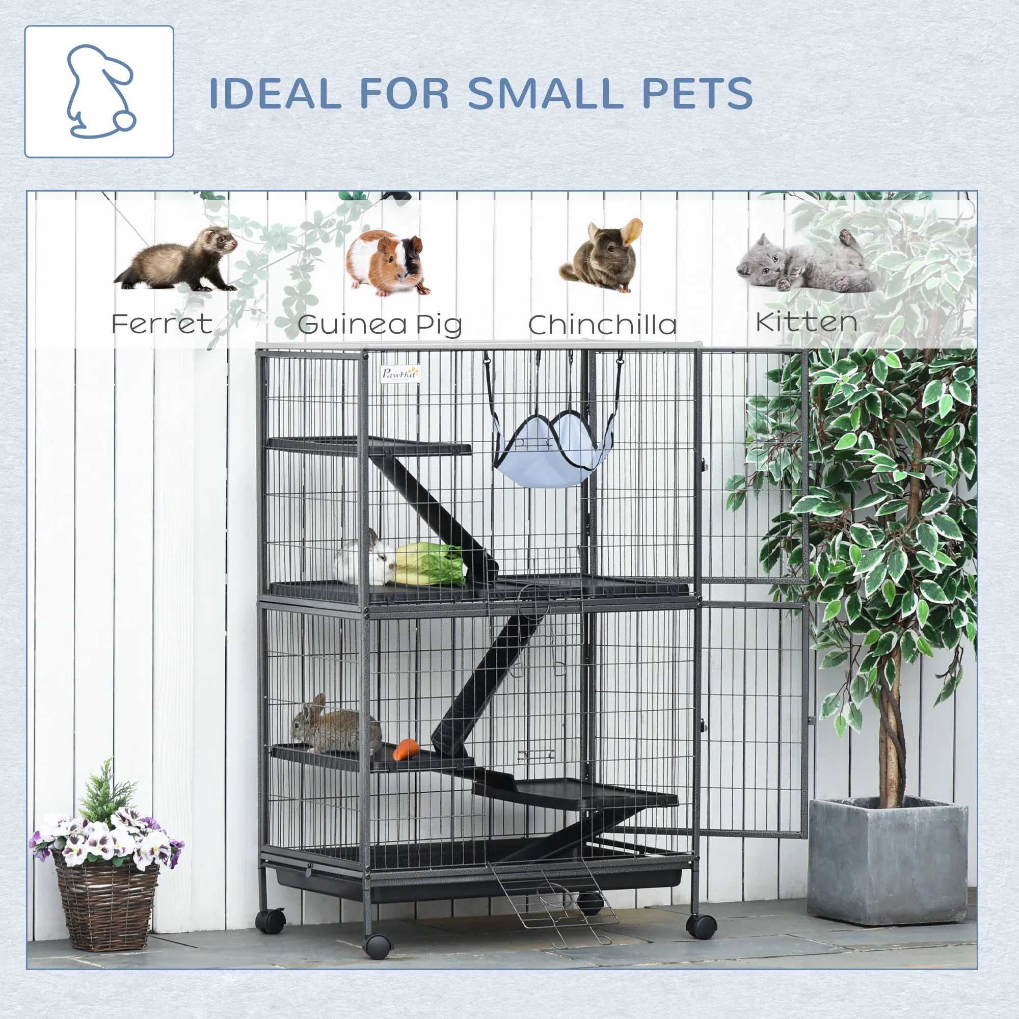 Small Animal Cage for Chinchilla Ferret Kitten on Wheels with Hammock Removable Tray, Silver Grey