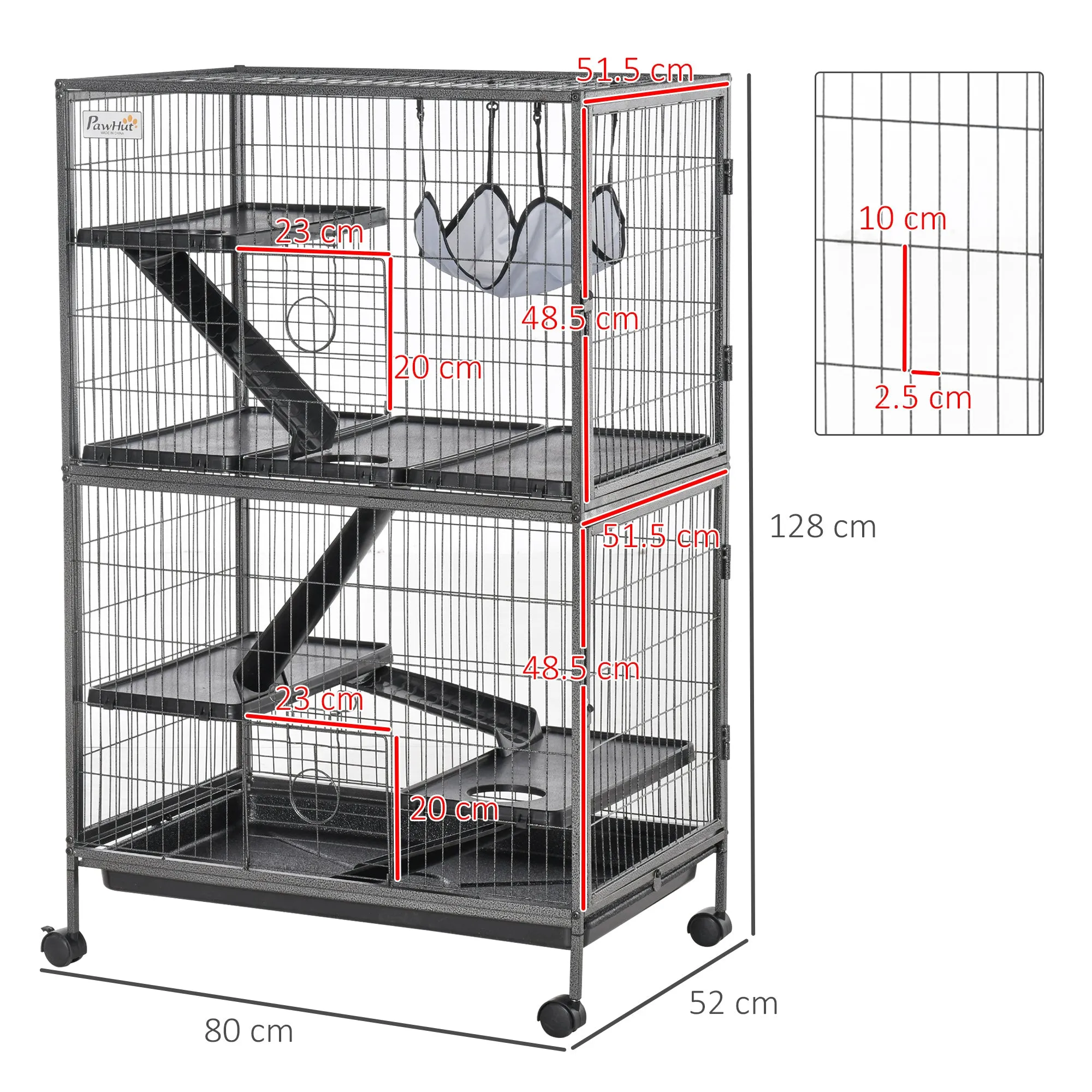 Small Animal Cage for Chinchilla Ferret Kitten on Wheels with Hammock Removable Tray, Silver Grey